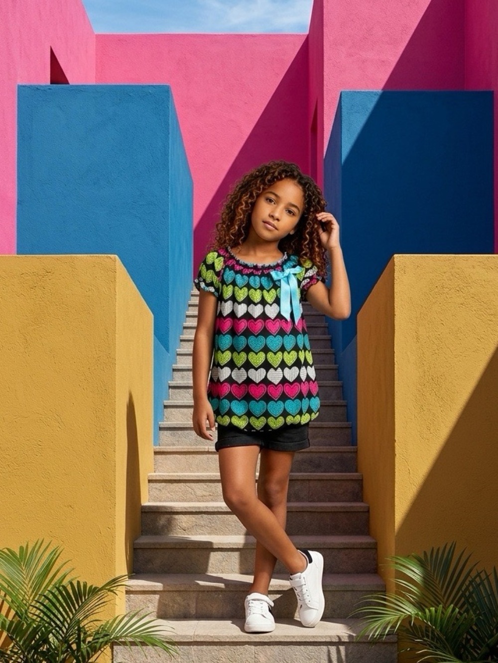 Tempted Girls Size 4 Top Girls Multicolor Heart Print Short Sleeve With Blue Bow